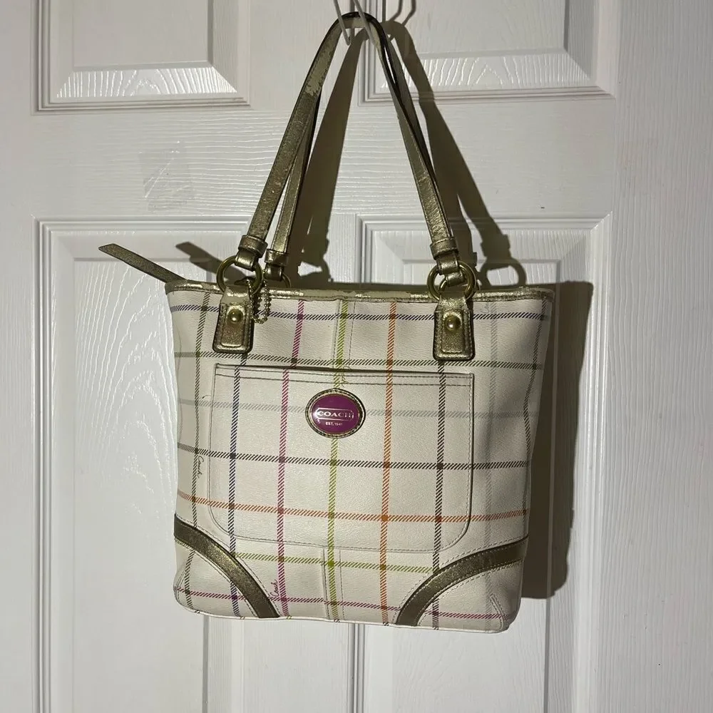 Coach Peyton Tattersal PVC Beige Plaid  Shoulder Purse gold trims & straps
